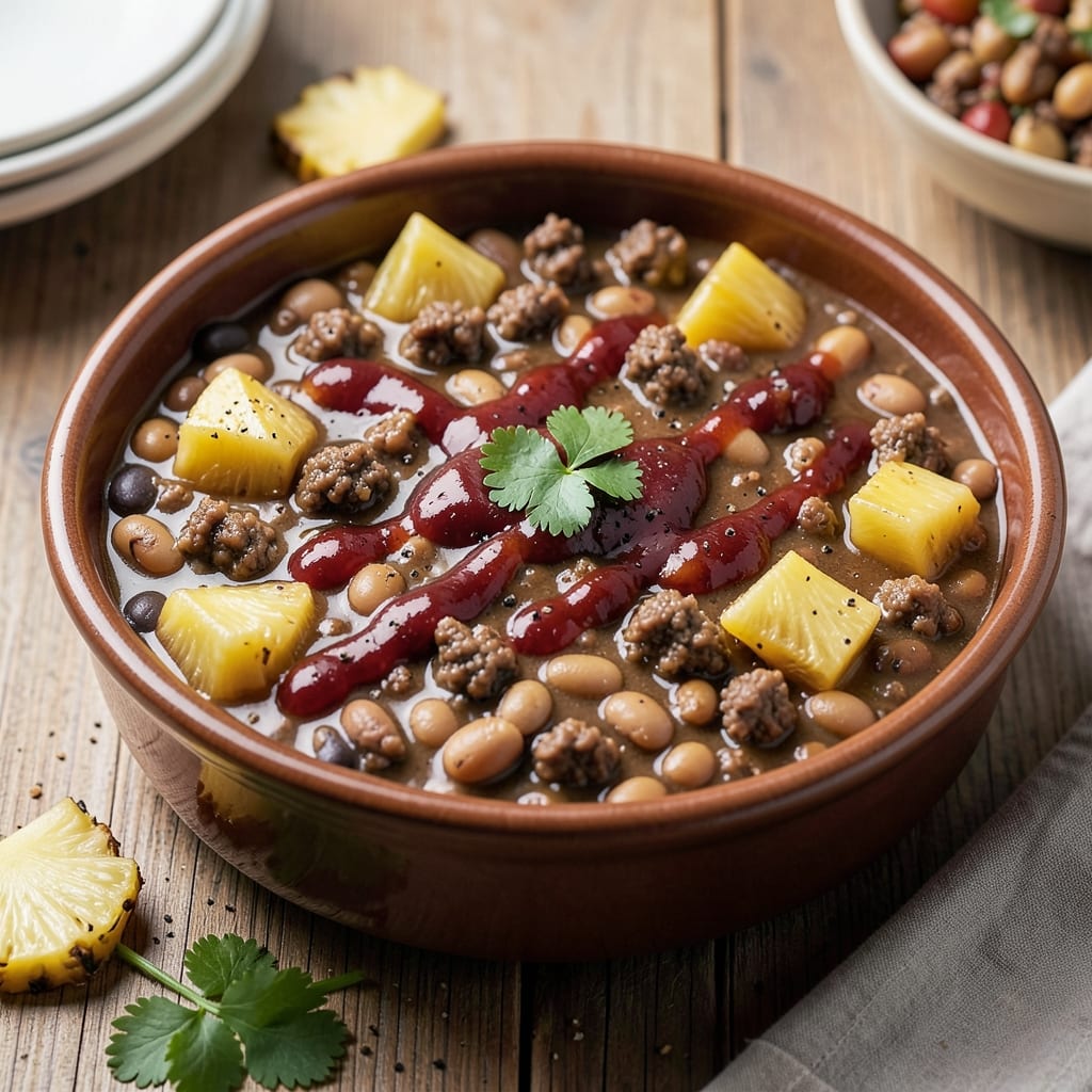 Baked Beans with Ground Beef and Pineapple Recipe: Sweet-Spiced One-Pot Heartiness