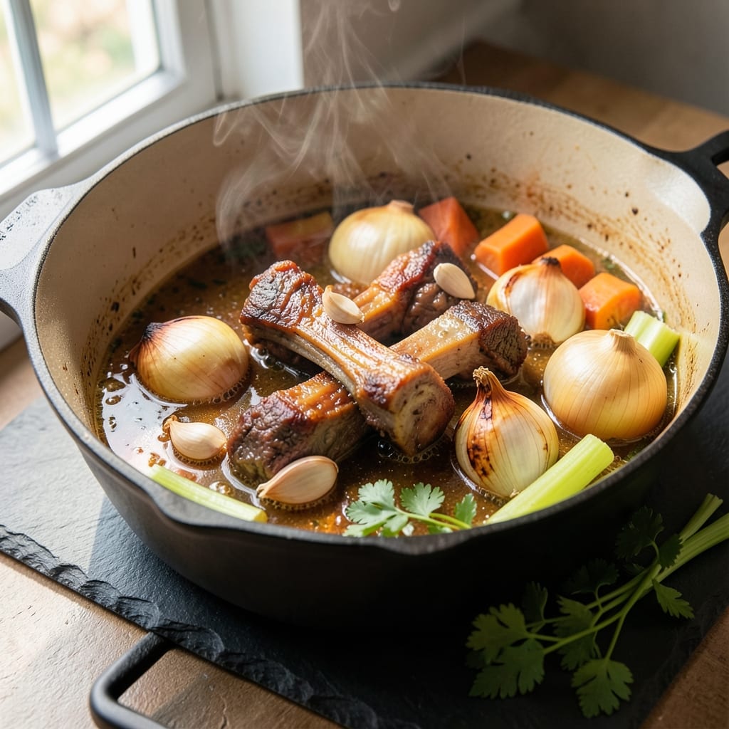 Alton Brown's Beef Stock Recipe: Deep Umami Richness From Bones and Aromatics