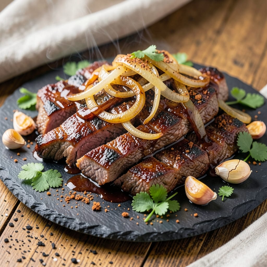 BBQ Beef Skirt Steak Recipe: Smoky Charred Crust With Caramelized Onion Bites