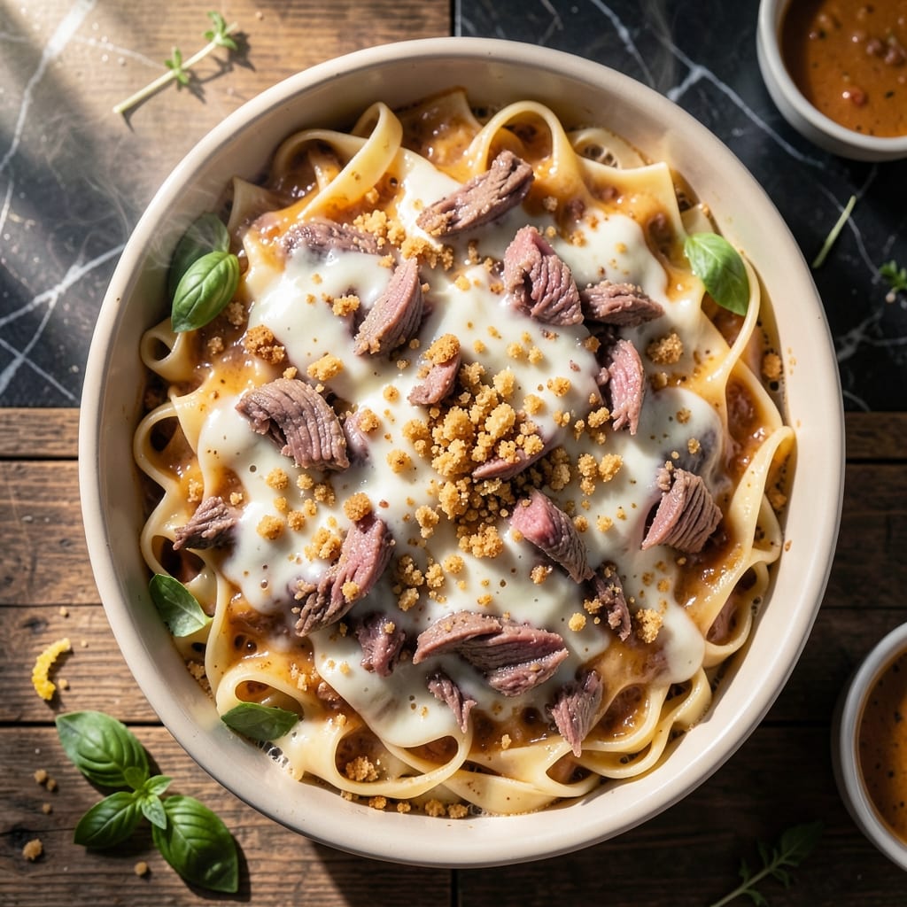 Beef Alfredo Casserole Recipe: Baked Pasta Layers With Gooey Cheese and Tender Beef