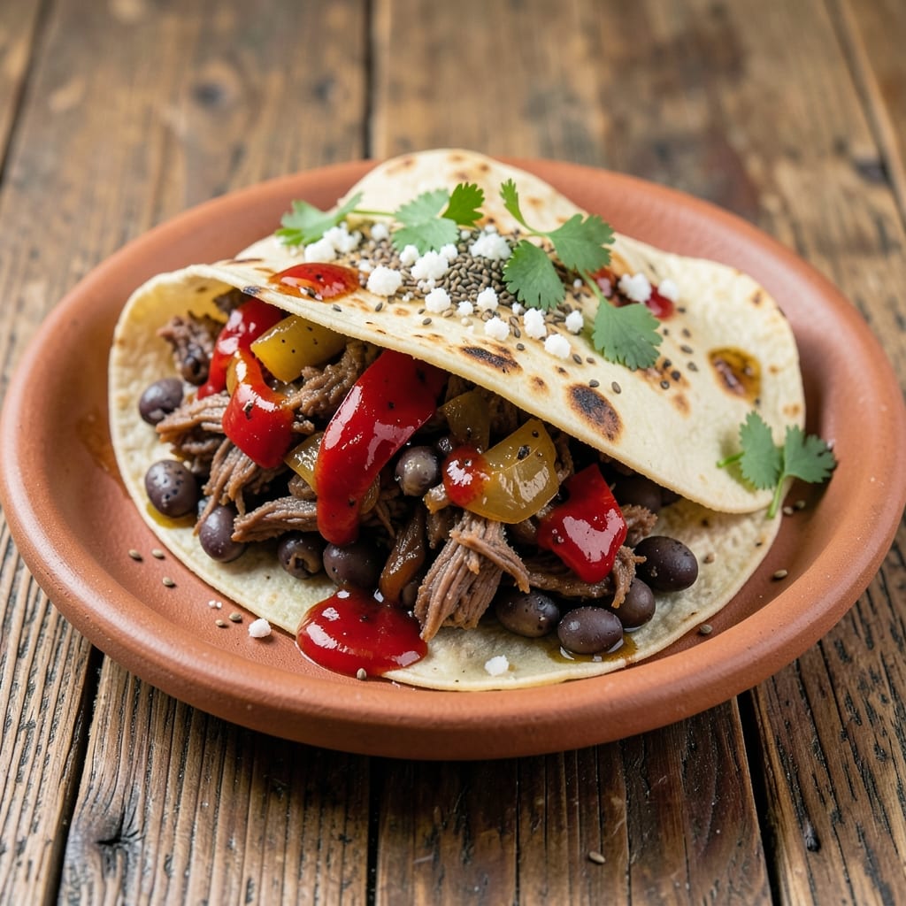Baked Beef and Bean Burrito Recipe: Crispy Tortilla Shells With Spiced Carnitas Filling